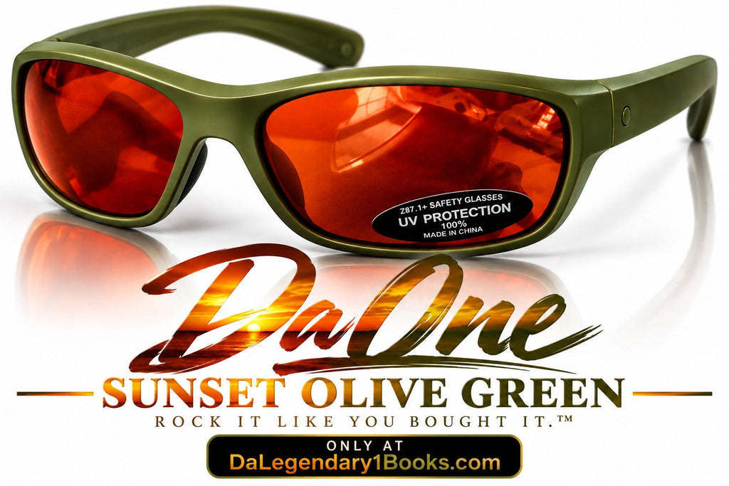 Da One Sunset Olive Green Sunglasses olive frames red orange lenses product view and logo