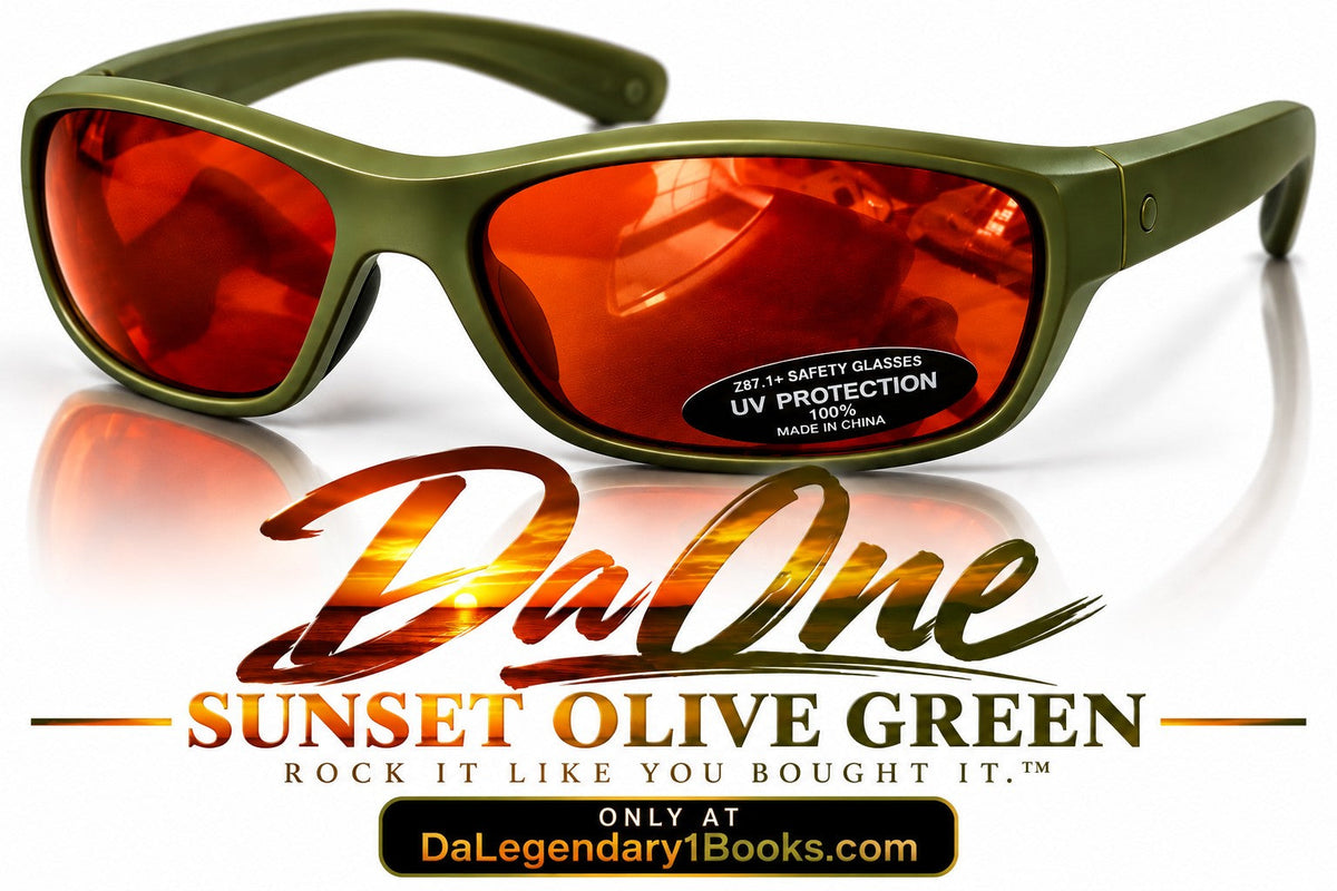 Da One Sunset Olive Green Sunglasses olive frames red orange lenses product view and logo