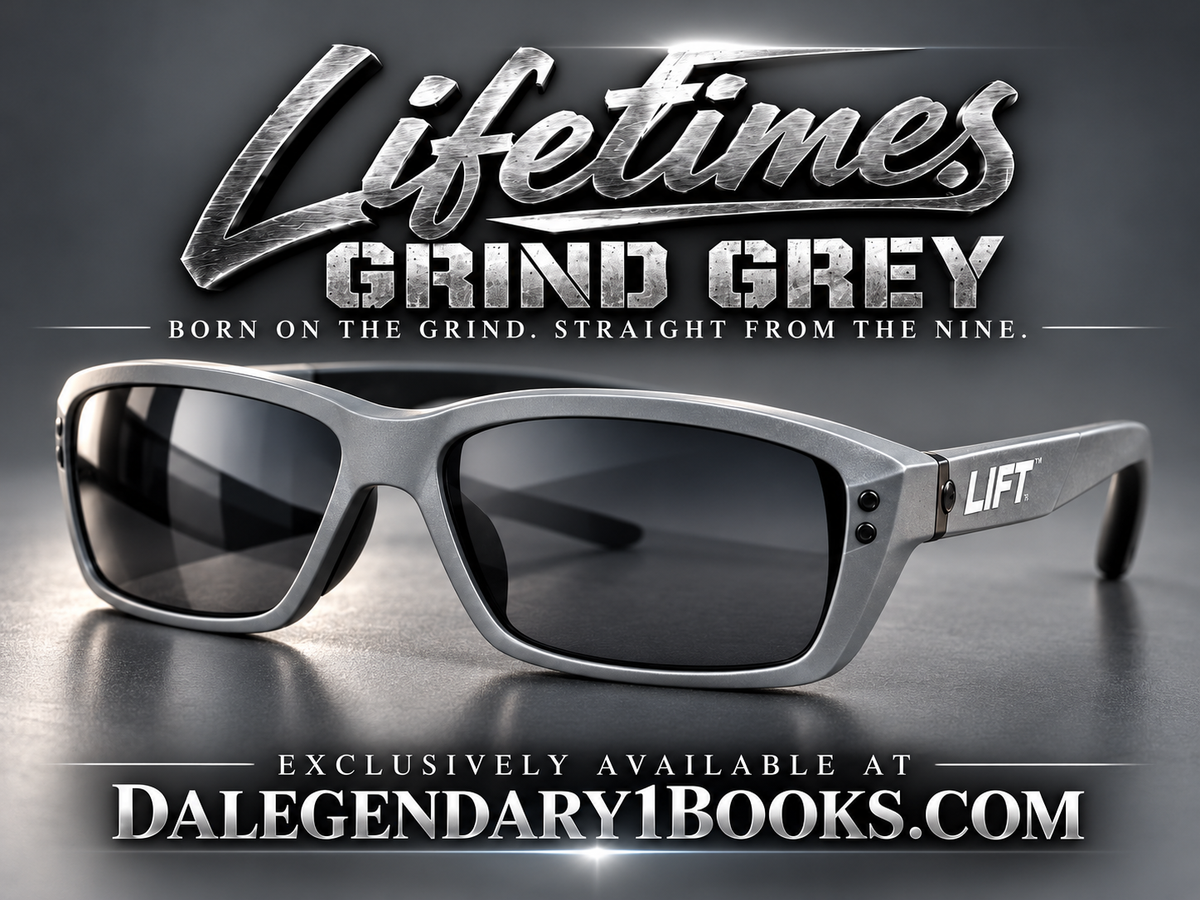 Lifetimes Grind Grey LIFT sunglasses promotion, light smoke lenses and grey background, exclusively available at DaLegendary1Books.com
